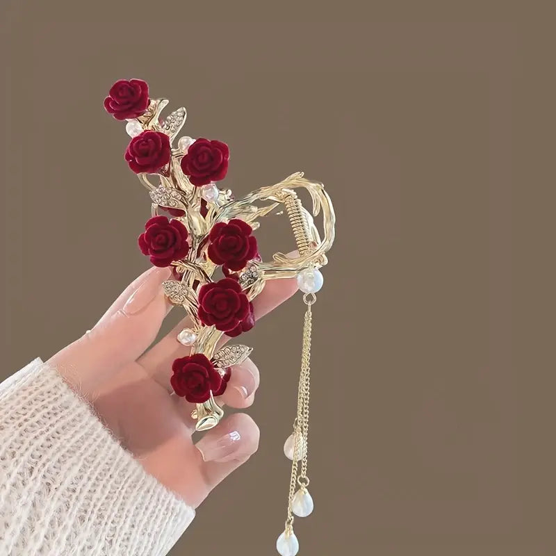 Red Rose Tassel Hair Clip