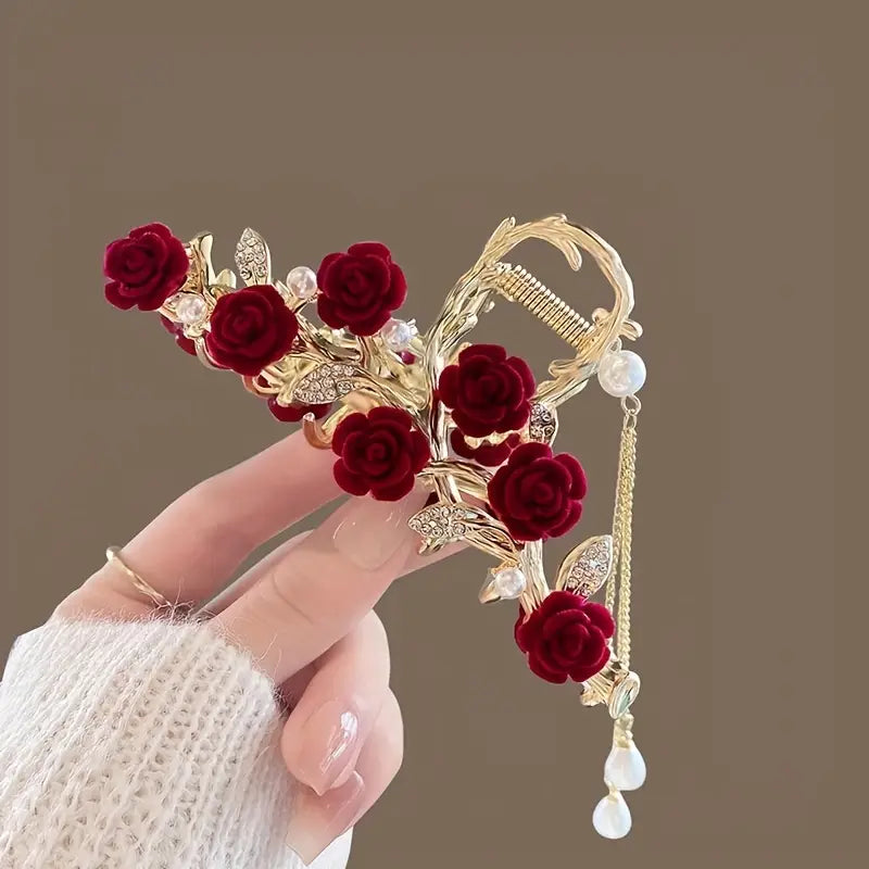 Red Rose Tassel Hair Clip